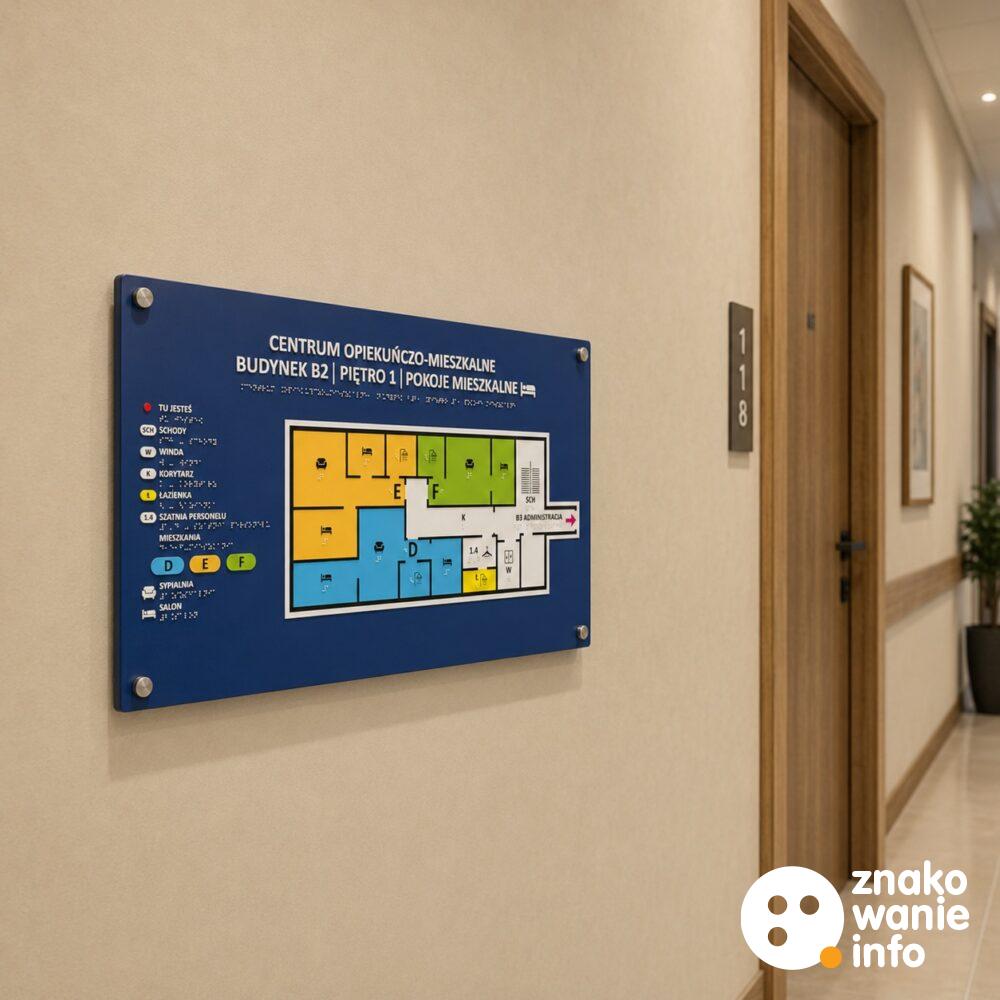 Plan tyflograficzny ścienny na kołkach dystansowych z alfabetem Braille'a