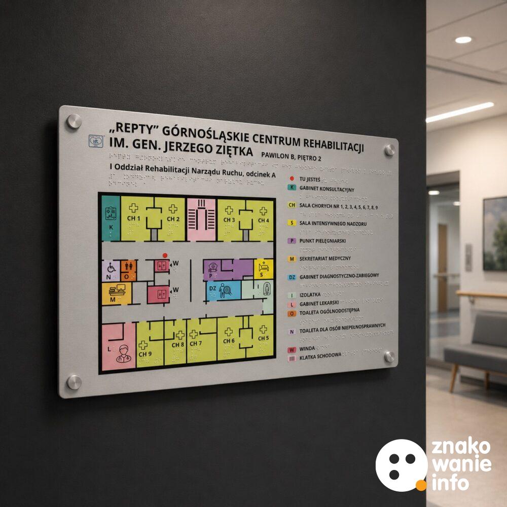 Plan tyflograficzny ścienny na kołkach dystansowych z alfabetem Braille'a