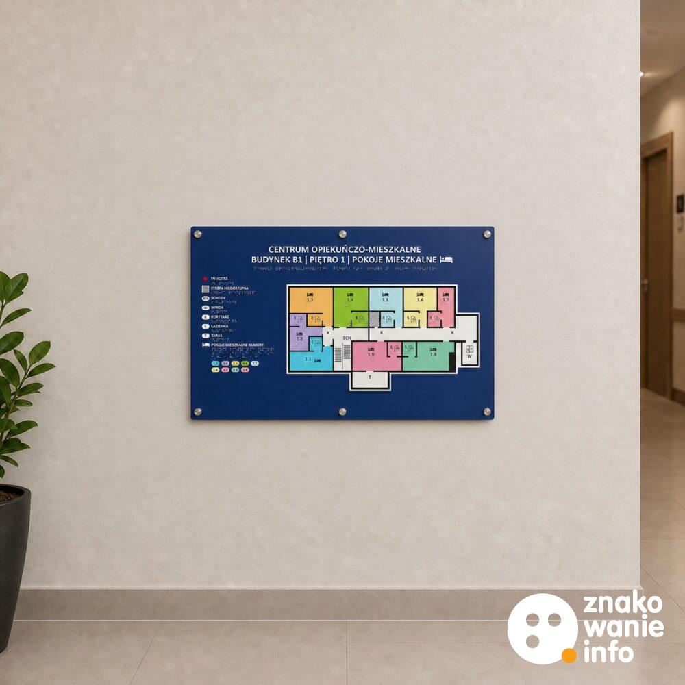 plan tyflograficzny z alfabetem Braille'a na kołkach dystansowych