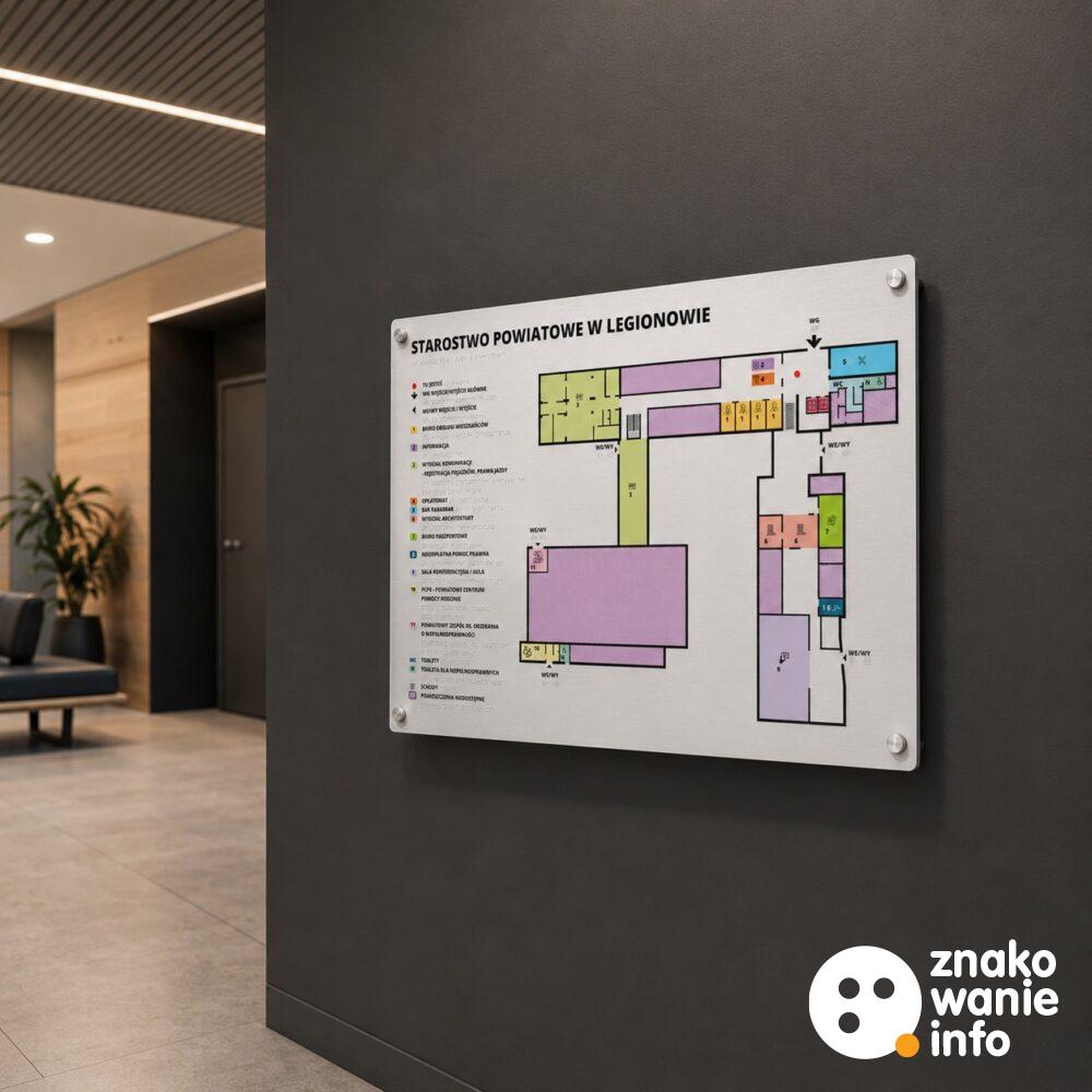Plan tyflograficzny ścienny na kołkach dystansowych z alfabetem Braille'a