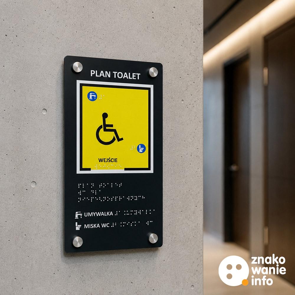 tabliczka tyflograficzna z planem pomieszczenia , wypukłymi elementami i alfabetem Braille na dystansach