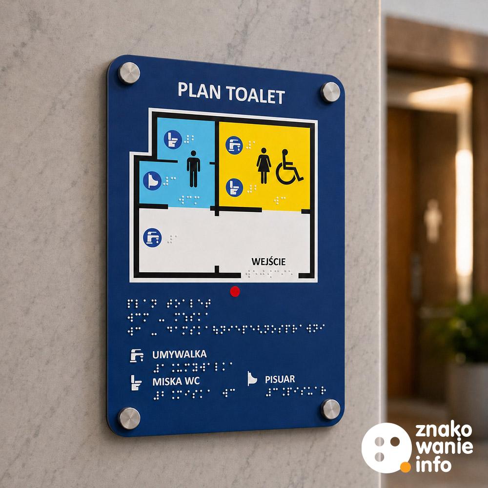 tabliczka tyflograficzna z planem pomieszczenia , wypukłymi elementami i alfabetem Braille na dystansach