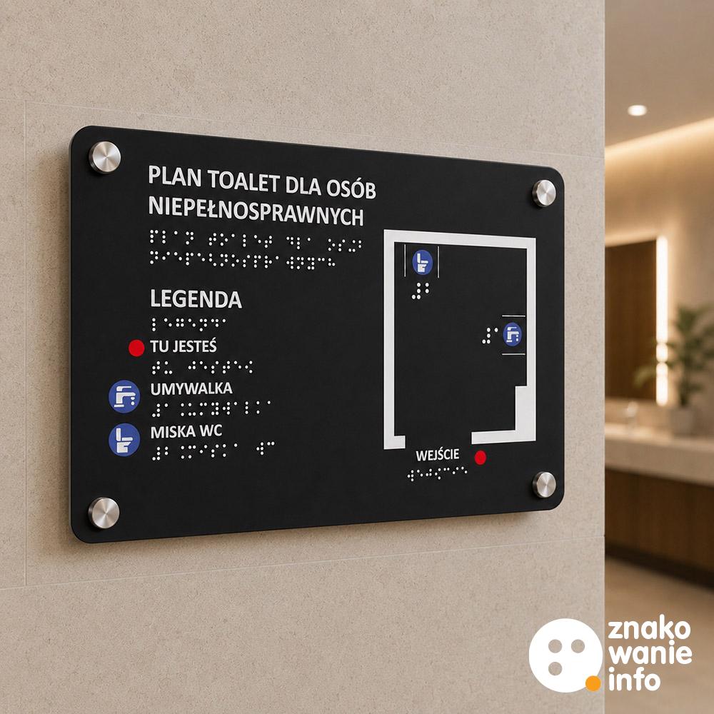 tabliczka tyflograficzna z planem pomieszczenia , wypukłymi elementami i alfabetem Braille na dystansach