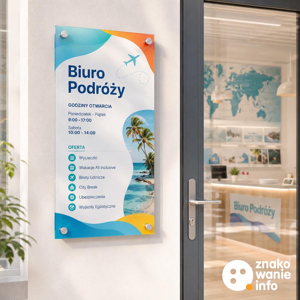 tablica informacyjna na dystansach, materiał plexi pmma, druk i poddruk uv biały + kolor