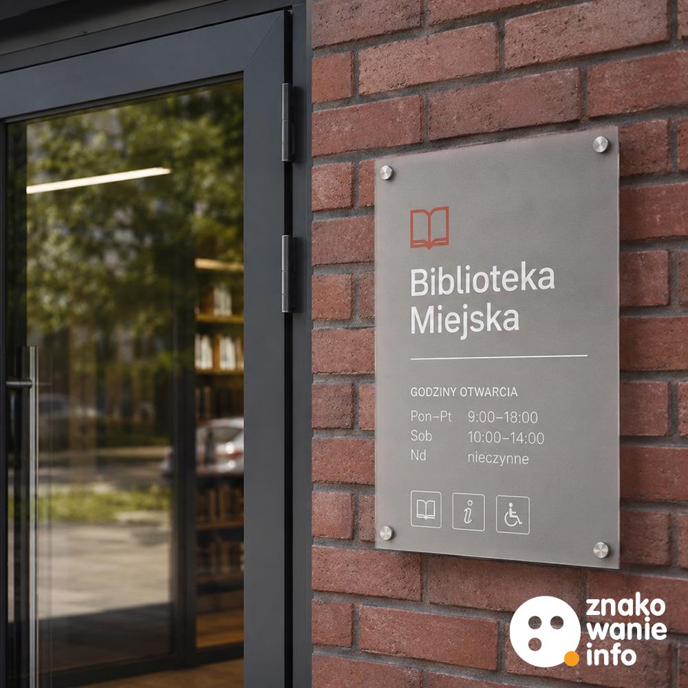 tablica informacyjna na dystansach, materiał plexi opal szroniona nadruk bezpośredni uv, poddruk przyciemniający