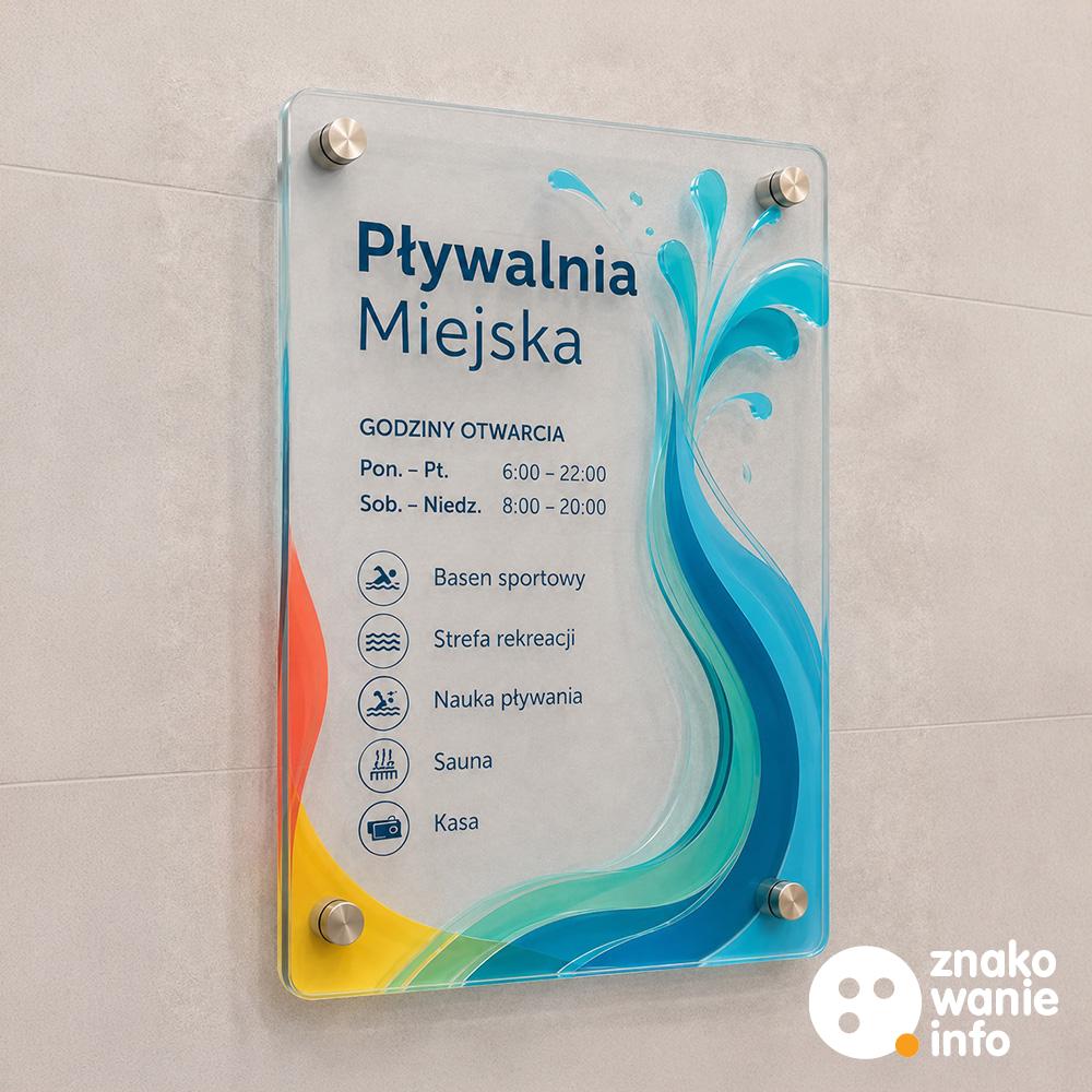 tablica informacyjna na dystansach, materiał plexi pmma, druk i poddruk uv biały + kolor
