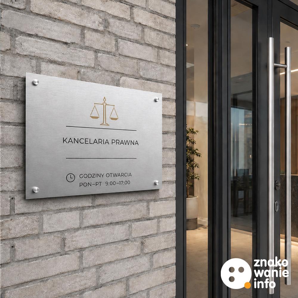 tablica informacyjna na dystansach, materiał panel kompozytowy srebrny szczotkowany, nadruk bezpośredni uv